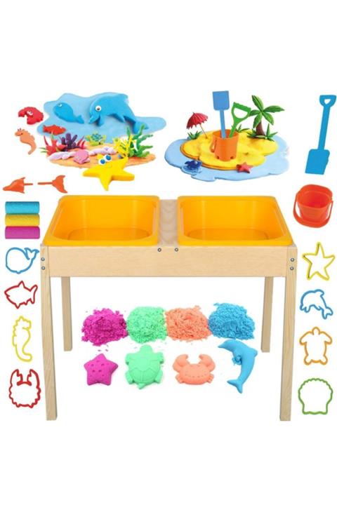 Masal Oyuncak Oyuncak Ahşap Kum Ve Su Masası Oyunu + Kinetik Kum Set + Oyun Hamuru Set + Şekiller Eğlendiren Set
