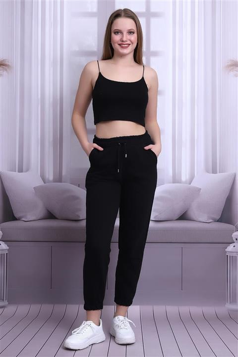 Deafox Kadın Siyah Paçası Lastikli Eşofman Altı