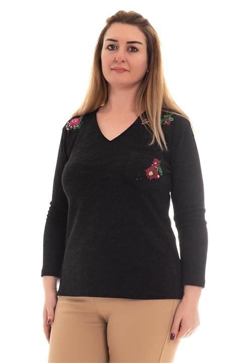 Flaş Triko 3018 Çiçek Işlemeli V Yaka Bluz