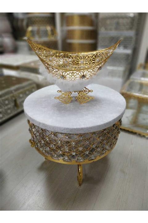 Ceyyiz Yuvarlak Gold Metal Çeyiz Sandığı Ve Gondol Set