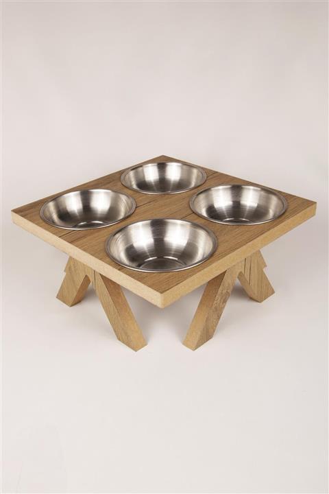 MH MiniHediye Dörtlü Ahşap Kedi Mama Kabı 4'lü Köpek Su Kabı Kare Tasarımlı