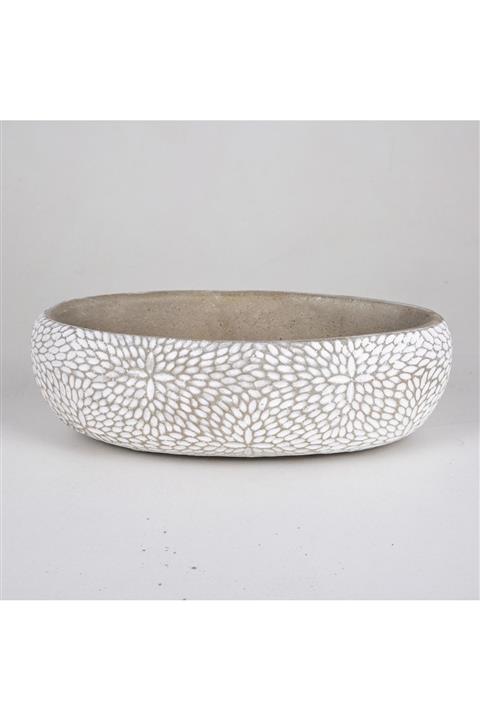 VeraMaya Çiçek Motifli Oval Beyaz Beton Saksı 33x10x17 Cm