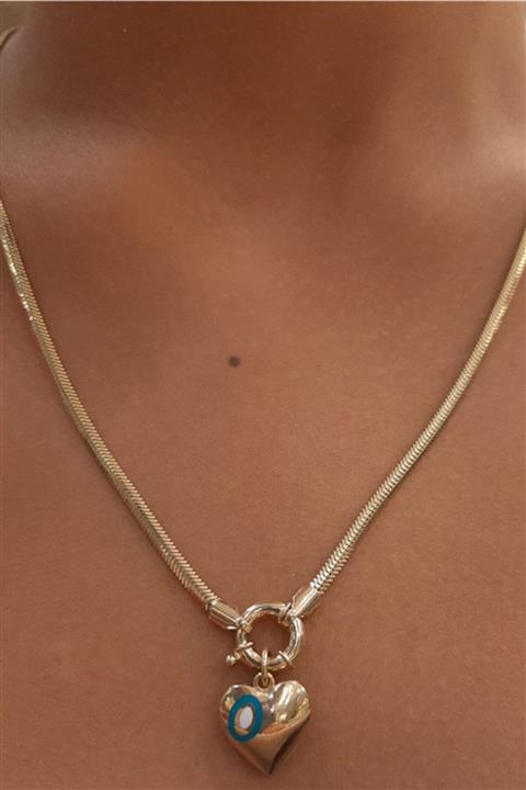 Fiyonk Kuyumculuk 14 Ayar Altın Çift Taraflı Nazarlık Kalp Detaylı Balıksırtı Kolye