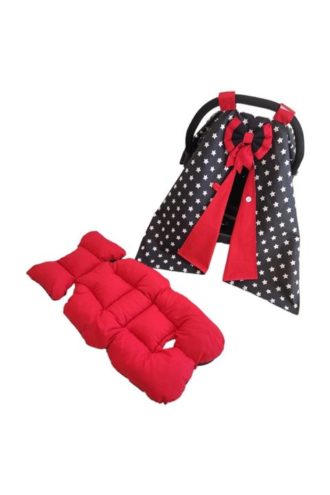 Bebek Atölyesi Siyah Yıldız Desenli Kırmızı Kombin Puset Örtüsü Ve Minderi