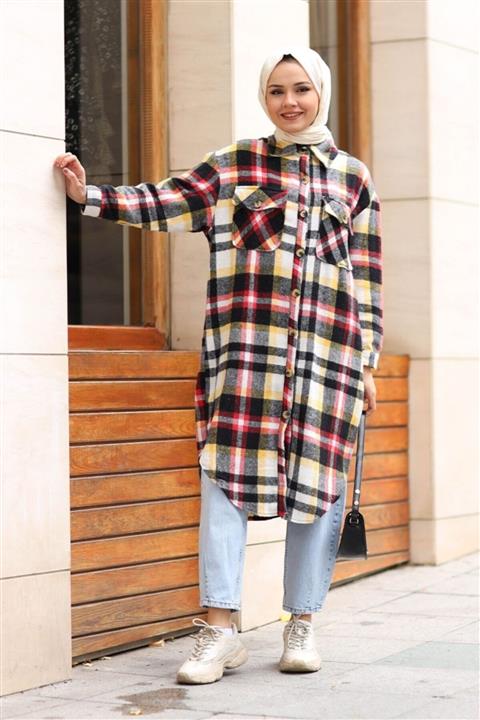 Bestenur Ekose Desen Çift Cepli Uzun Gömlek - Sarı