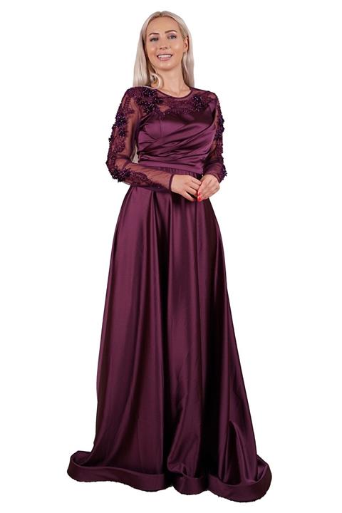 SpringStore Mor Kolları Ve Yakası Işlemeli Tül Abiye Elbise