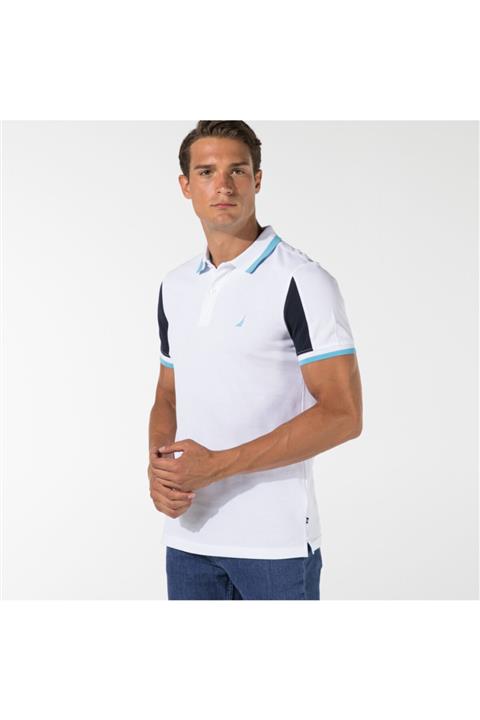 Nautica Nautıca Erkek Beyaz Blok Desenli Slım Fıt Polo Yaka T-shirt
