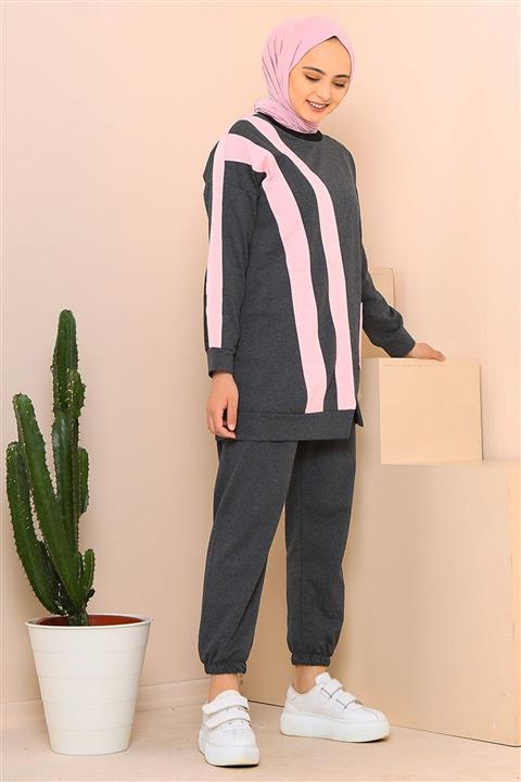 Defne Bahar Şerit Detaylı Cepli Ikili Tesettür Takım Somon