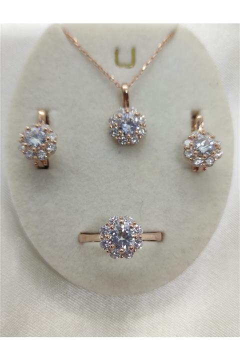 enes gümüşçülük 925 Ayar Set Gümüş Rose Kolye Küpe Yüzük Set