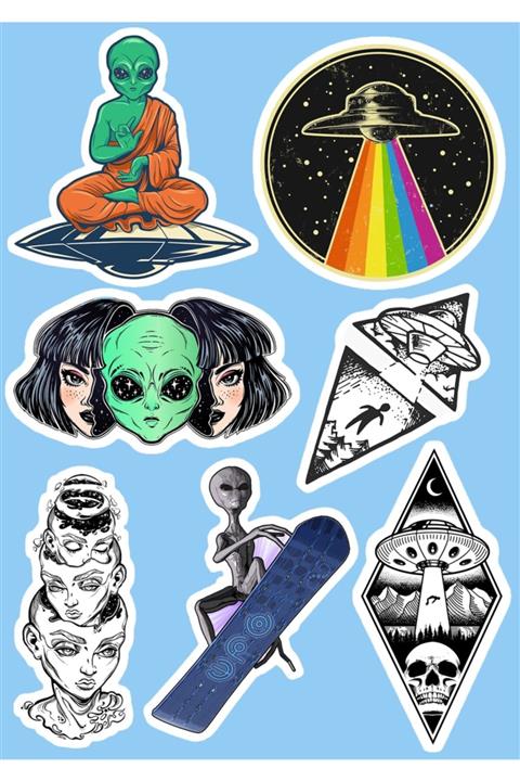 SilverStickers Alien Uzaylı Temalı Laptop Notebook Kask Çanta Sticker Etiket Seti