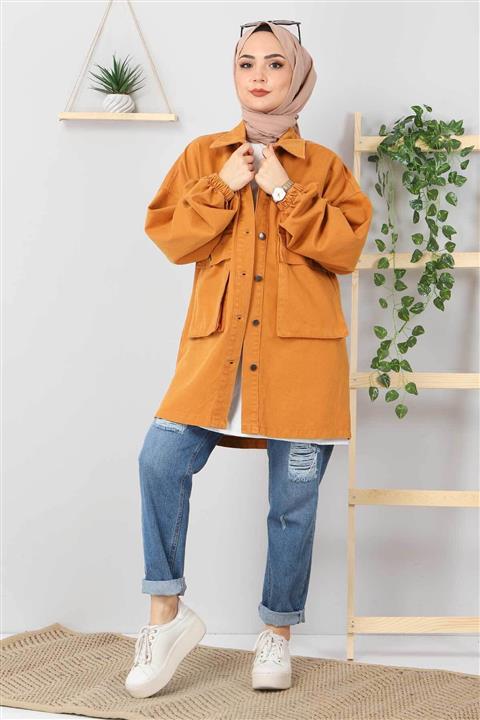 Tesettür Dünyası Kolları Lastikli Kot Ceket Tsd0088 Taba