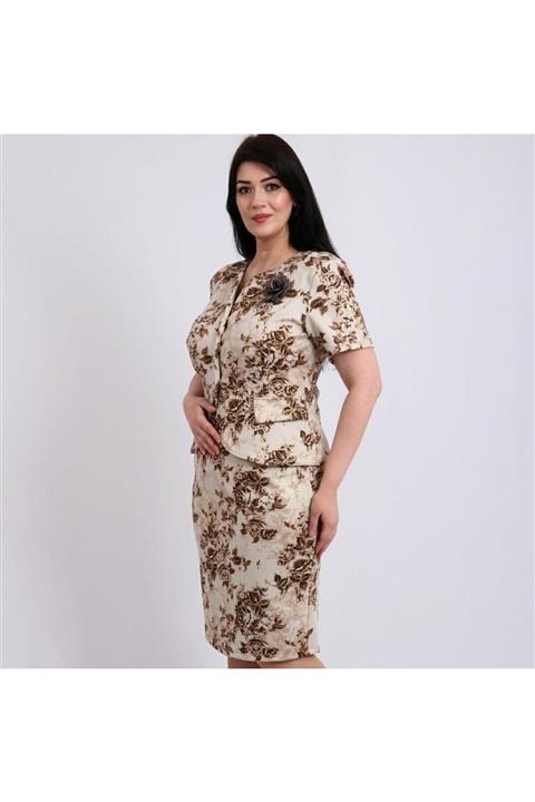 Alta Moda Kadın Kahve Büyük Beden Double Crep Kumaş Gül Baskılı Kısa Kol Dar Kesim Midi Boy Etek Takım