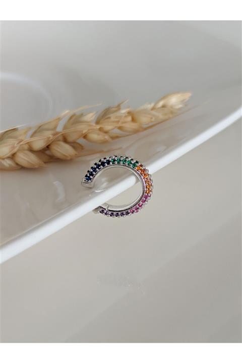 SU PERİSİ TAKI BİJUTERİ Gümüş Renkli Zirkon Taşlı Halka Earcuff Kıkırdak Küpe