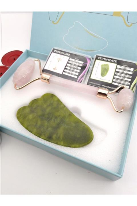 OSMANLI DOĞAL TAŞ Pembe Kuvars Roller Ve Yeşim Gua Sha Set