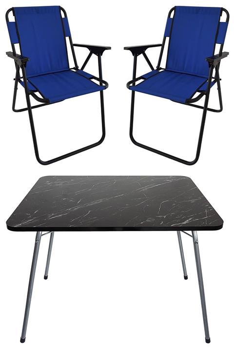Bofigo 60x80 Granit Desenli Katlanır Masa + 2 Adet Katlanır Sandalye Kamp Seti Bahçe Takımı Mavi