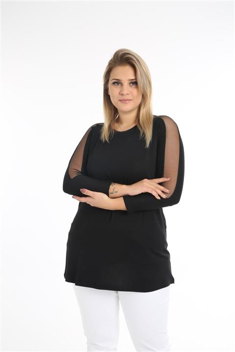 EGZ BUTİK Kadın Siyah Tül Şerit  Büyük Beden Bluz