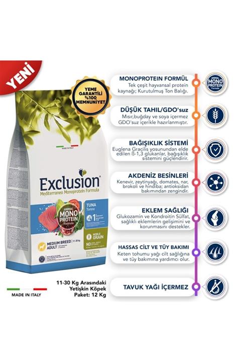 Exclusion Monoprotein Düşük Tahıllı Ton Balıklı Ve Narlı Orta Irk Yetişkin Köpek Maması 12 Kg