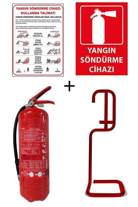 Valentino 6kg Valentıno Yangın Tüpü,yangın Tüpü Kullanım Talimatı, Yangın Tüpü Levhası Ve Kare Sehpa 4lü Set