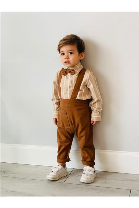 favorimkids Çizgili Gömlekli Salopet Takım Gömlek - Salopet-papyon Dahildir.