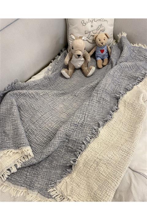 Rose & Blanc Çift Taraflı 100% Pamuk 4 Katlı Müslin Bebek&çocuk Battaniye 110x120cm (BUZ MAVİSİ KREM)