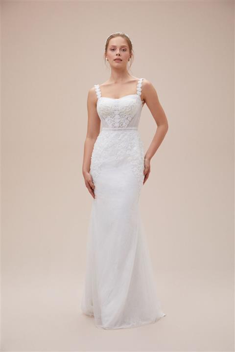 Oleg Cassini Dreamon For Dantel İşlemeli Askılı Kare Yaka Dar Kesim Gelinlik