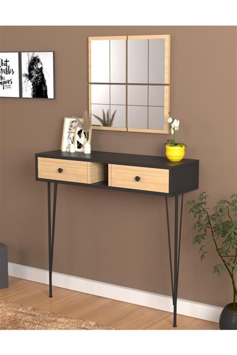 Nettrends Elegant İki Çekmeceli Bölmeli Aynalı Dresuar Meşe Siyah Metal Ayaklı