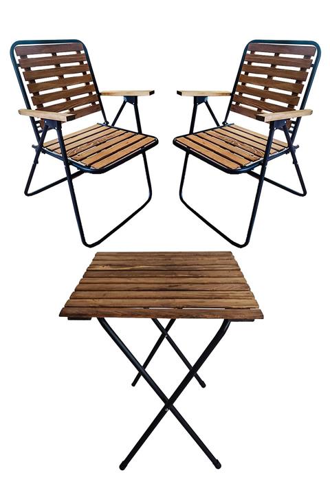 BodyGYM Ahşap 50x50 Katlanır Masa + 2 Adet Katlanır Sandalye Kamp Seti Bahçe Balkon Takımı-ceviz-cntr00186
