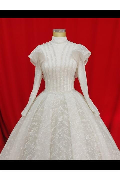 Beyaz Melek Özel Dikim Kolları Volanlı Tesettür Gelinlik