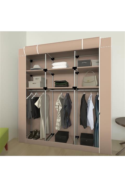 Berrado Bej Metal Borulu Çok Askılıkılı Raflı Bez Dolap