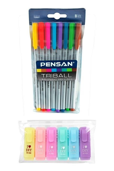 Pensan Triball 8'li Tükenmez Kalem I Love Diy Mini Fosforlu Kalem 6'lı Set F.k