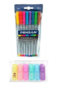 Pensan Triball 8'li Tükenmez Kalem I Love Diy Mini Fosforlu Kalem 6'lı Set F.k