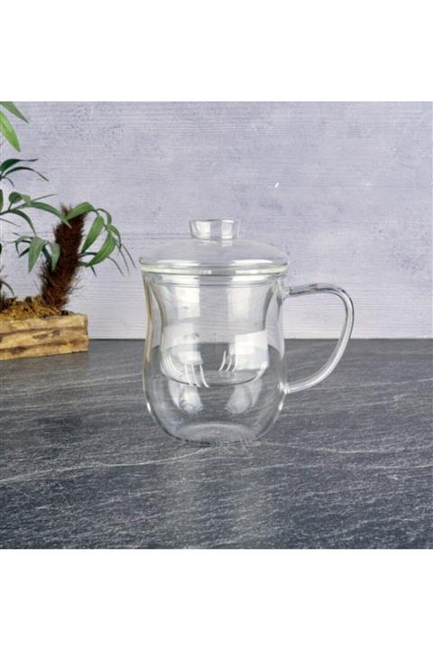 Tohana Cam Kapaklı Demleme Süzgeçli Isıya Dayanıklı Kupa, 350ml