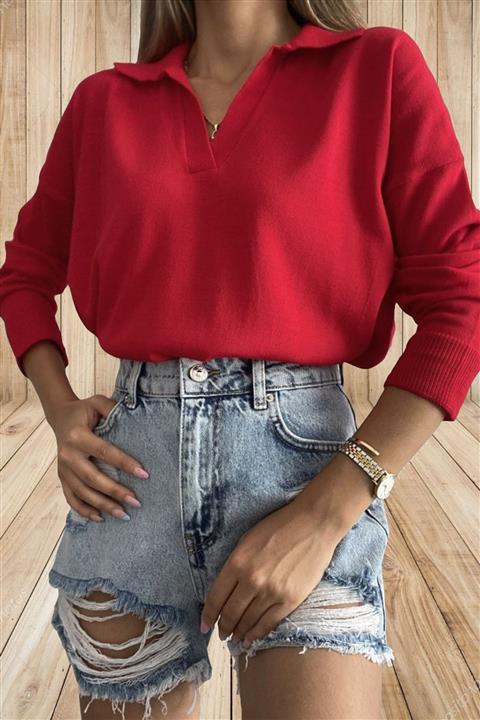 Reparo Kadın Kırmızı Polo Yaka Triko Kazak