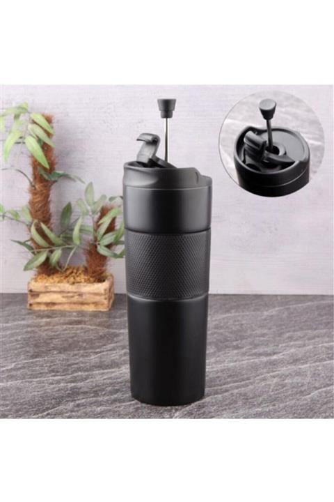 Lotus Lüx French Press Siyah Paslanmaz Çelik Termos Mug 500 ml (3 Fonksiyonlu)