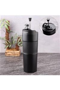 Lotus Lüx French Press Siyah Paslanmaz Çelik Termos Mug 500 ml (3 Fonksiyonlu)