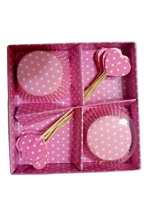 NE GELDİ Pembe Puantiyeli Desenli Özel Kutulu Muffin Seti