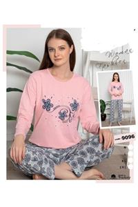 meynur moda Pamuklu Uzunkollu Pembe Bayan Pijama Takımı