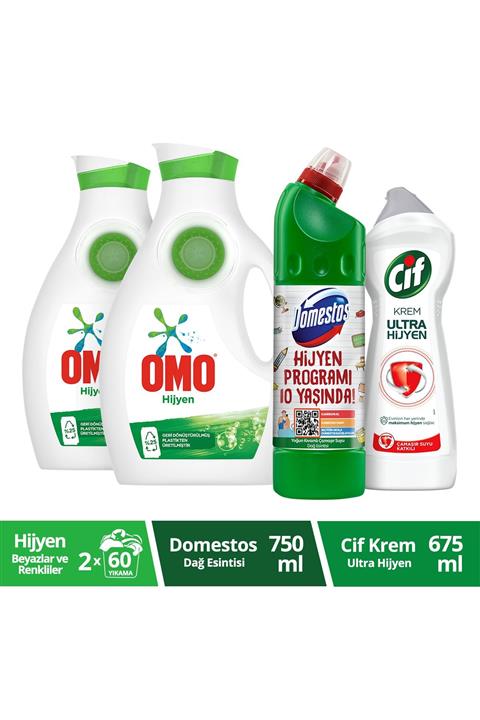 Omo Hijyen Sıvı 1950 Ml X 2 Adet + Domestos Çamaşır Suyu 750 Ml + Cif Krem Ultra Hijyen 675 Ml