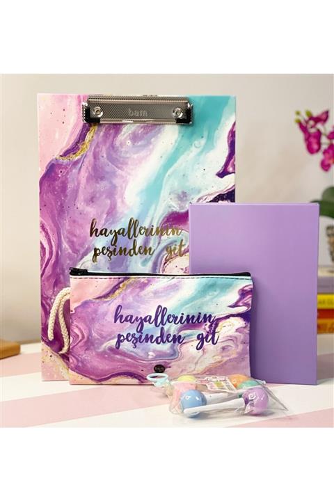 Çılgıntrend Hayallerinin Peşinden Git Tasarımlı Sekreterlik Kalemlik Mor Renklastikli Defter Ve Lolipop Kalem