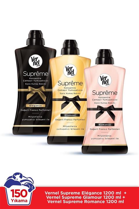 Vernel Max Konsantre Çamasır Yumusatıcısı 3 x 1200ml (150 Yıkama) Supreme Romance + Glamour  + Elegance