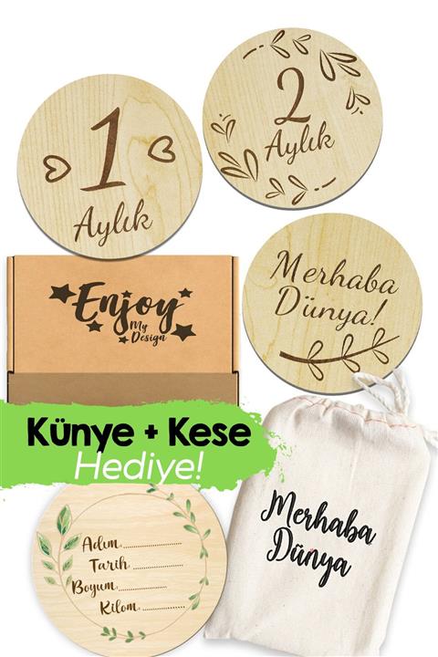 Enjoymydesign Türkçe Aylık Plak Seti Ahşap Bebek Fotoğraf Kartları 12,5 cm  13 Adet