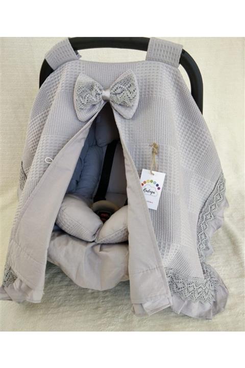 Raduga Collection Puset Örtüsü+puset Minderi+puset Çarşafı 3'lü Set Gri Dantelli-fırfırlı