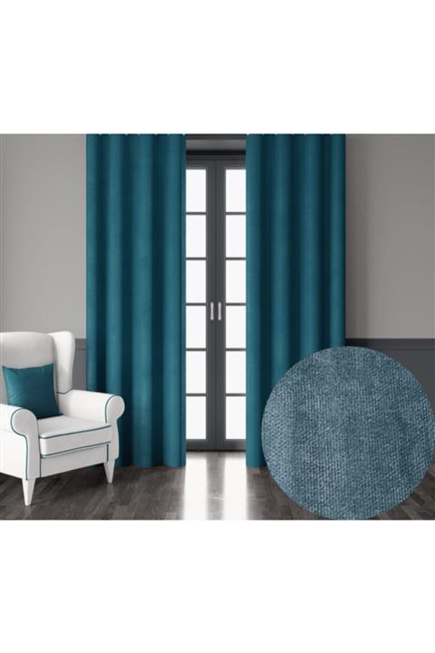 Demor Home Soft Series Otantik Turkuaz Ekstrafor Büzgülü Ada Fon Perde