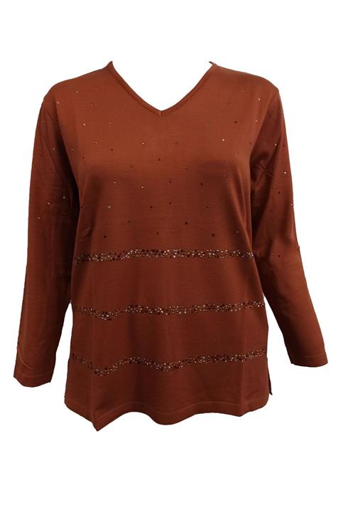 Two Mail Büyük Beden Taş Detaylı V Yaka Triko - 20822 Kiremit