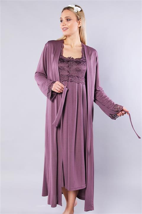 Emose Kadın Mor Lohusa Sabahlıklı Gecelik Takım