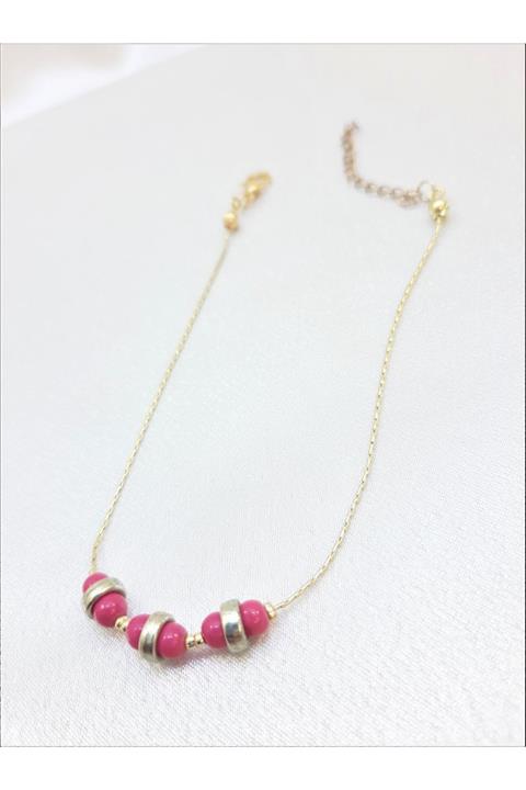 TÜKKAN ACCESSORİES Gold Kaplama Fuşya Boncuk Halhal