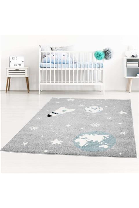 Post Halı Ponciko Uzay Desenli Gri Çocuk Odası Halısı
