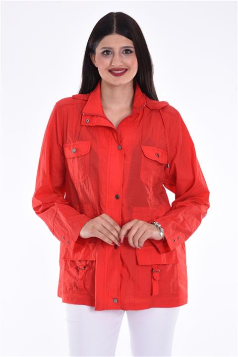 CABANELLİ Kadın Kırmızı Cebi Tokalı Astarsız Yağmurluk