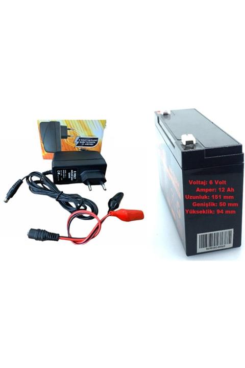 ATAEXPRESS Pilsan Uyum Akülü Araba Jeep Araç Akü 6v 12ah 6 Volt 12 Amper + 6 Volt Şarj Cihazı Adaptör 1ah Set