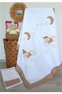 mellowbabystore %100 Pamuk Kahve Büyük Puanlı Uyuyan Ayı Desenli Bebek Pike Takımı